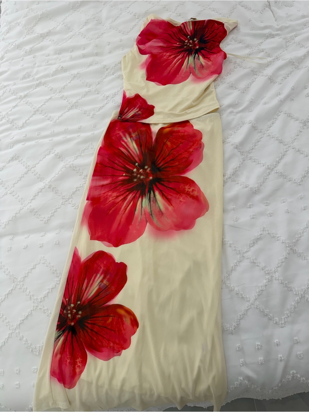 Cream Maxi Dress with Red Floral Print